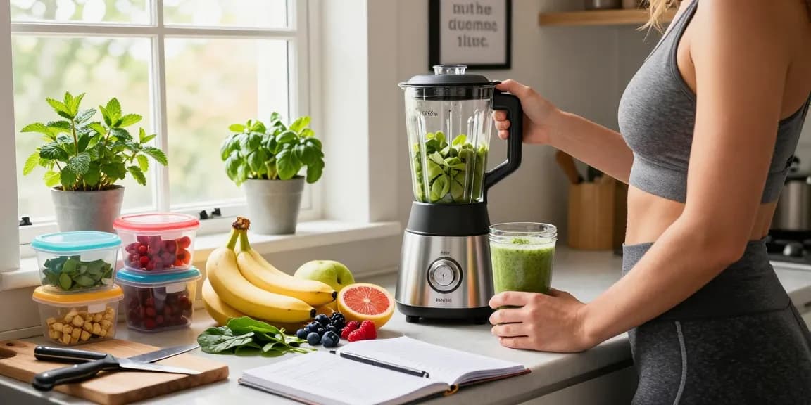 Koi Aminos peptides being prepared in a fresh smoothie recipe in a bright wellness kitchen.