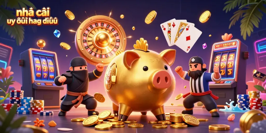 Engage in thrilling action with nhà cái uy tín hàng đầu featuring a sumo piggy bank, wallet-ninja, and card samurai.
