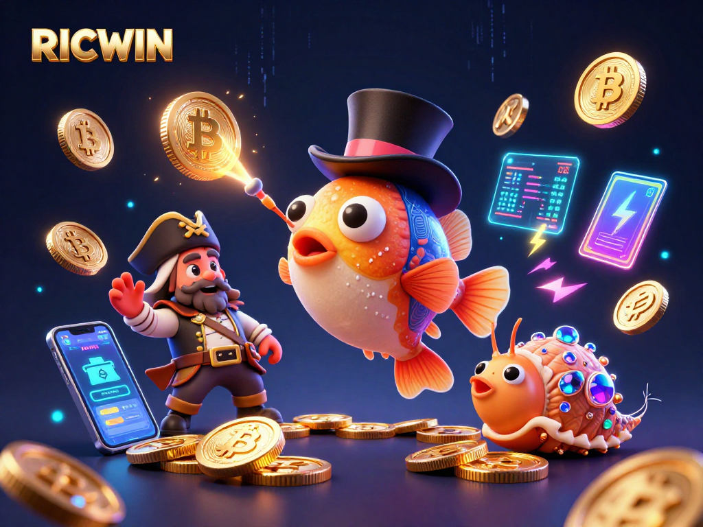 RICWIN showcases an exciting 3D casino scene with vibrant characters attracting coins and crypto.