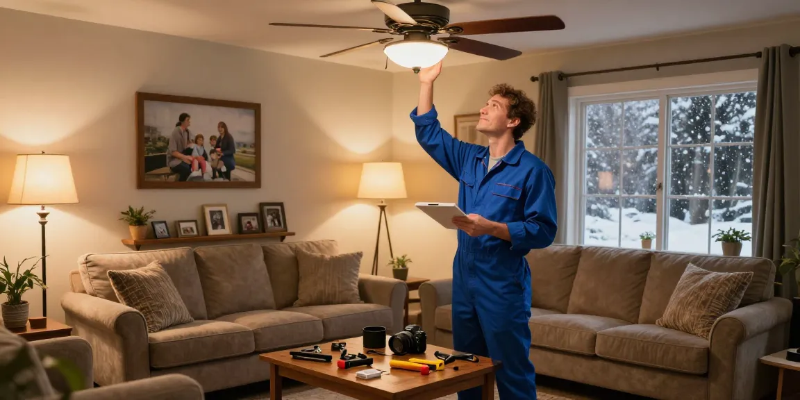 Electrician Stevens Point WI diagnosing a ceiling fan in a cozy home during winter.