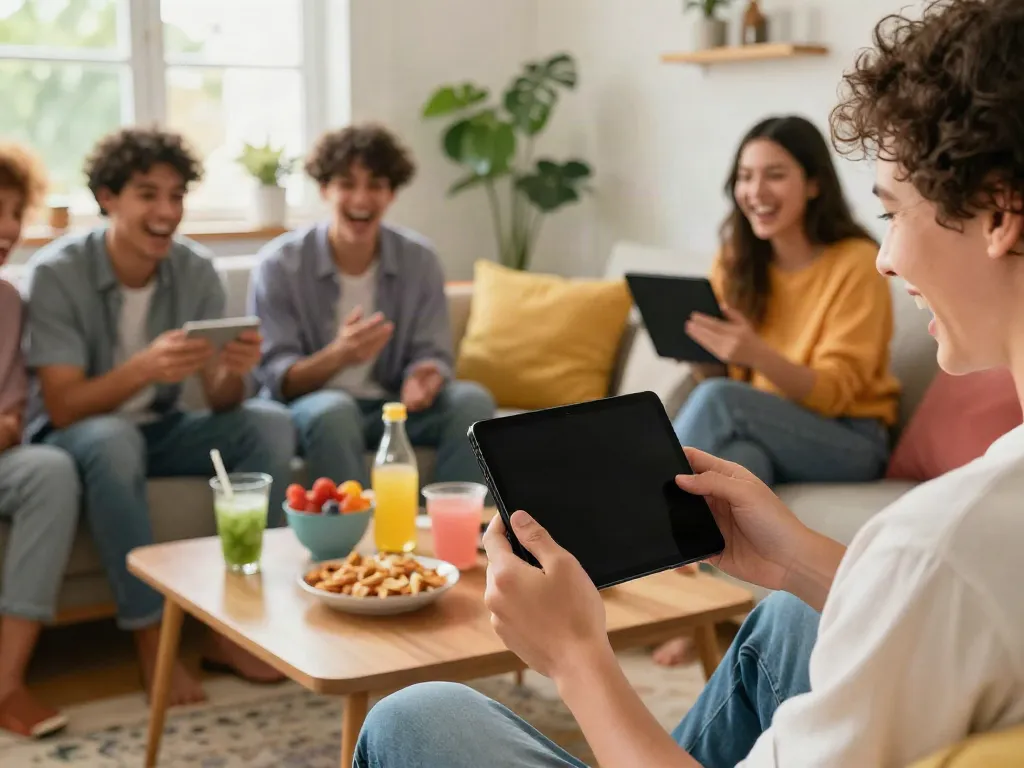 Person laughing at funny posts with friends in a cozy living room
