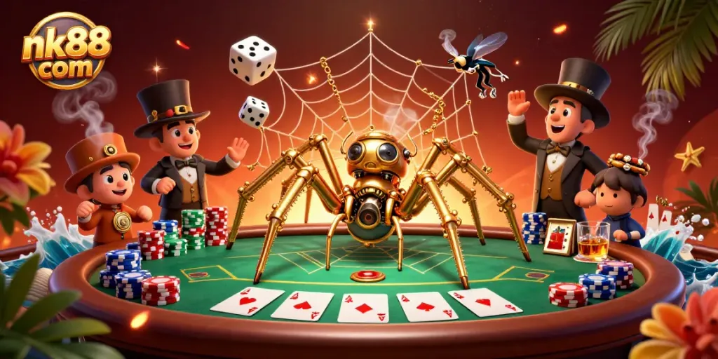 Bet on your luck at nk88 com with a 3D steampunk spider web and poker elements.
