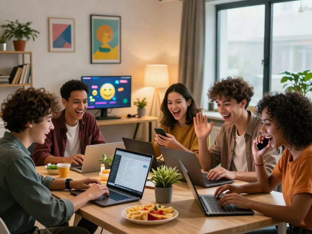 Engaging spicy chat session among diverse young adults in a stylish workspace.