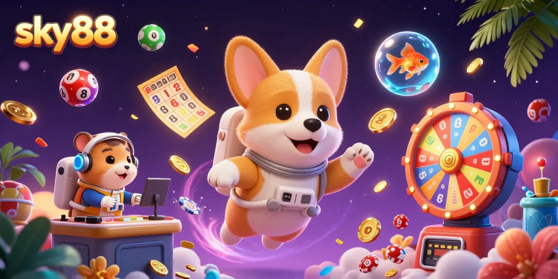 Experience sky88's exciting casino atmosphere with colorful elements and lively characters in a dynamic illustration.