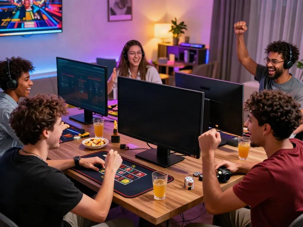 Exciting online gaming at SIN88 with friends celebrating a win in a lively living room.