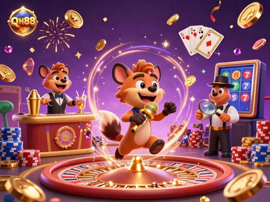Experience the excitement of QH88 casino with hyenas in a lively 3D illustration filled with gold coins and poker chips.