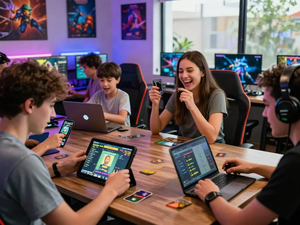 Exciting gaming scene with players engaged in games on devices at http://11bet-app.net/ showcasing camaraderie.