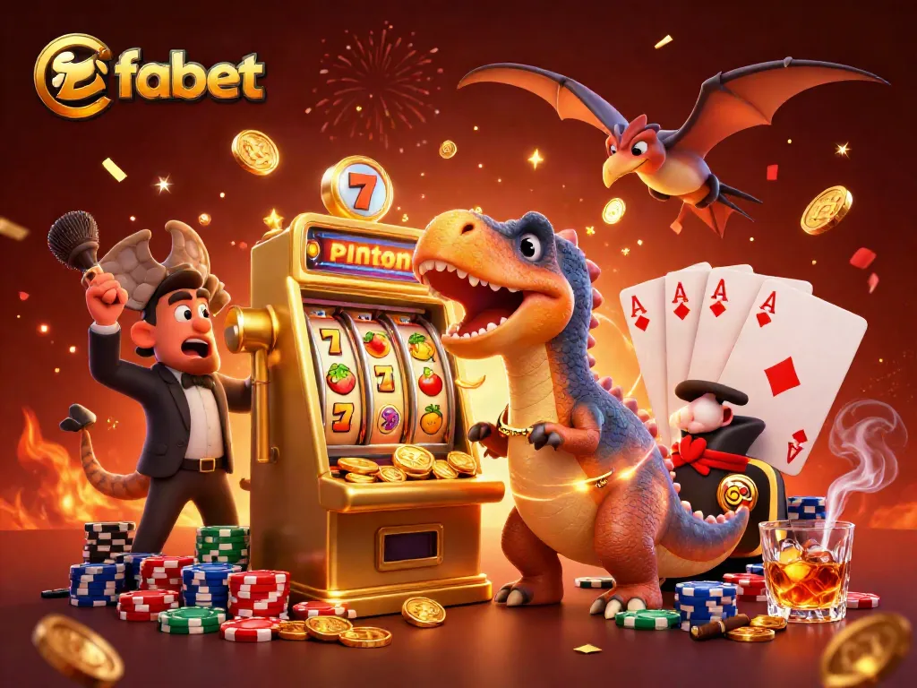 Experience fabet excitement with vivid characters celebrating slot machine wins in an engaging casino scene