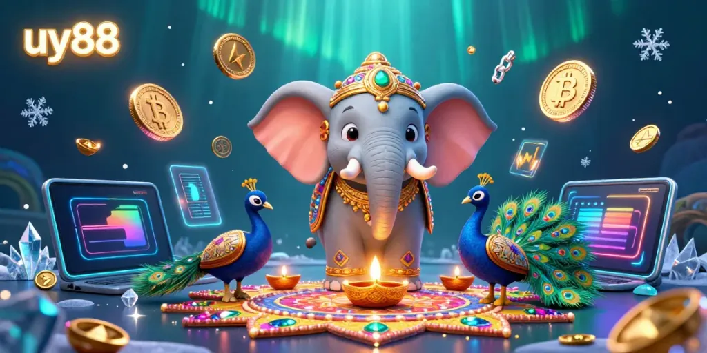 Engage in thrilling games at uy88, featuring a vibrant 3D scene with cartoon elements and colorful casino symbols.