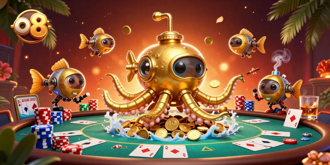 Engage with exciting slots and poker games at o8, featuring vibrant golden kraken and mechanical fish.