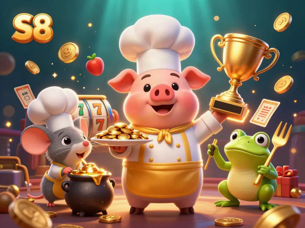 Experience the excitement of S8 slots with a whimsical chef pig serving golden coins in a vibrant casino scene.