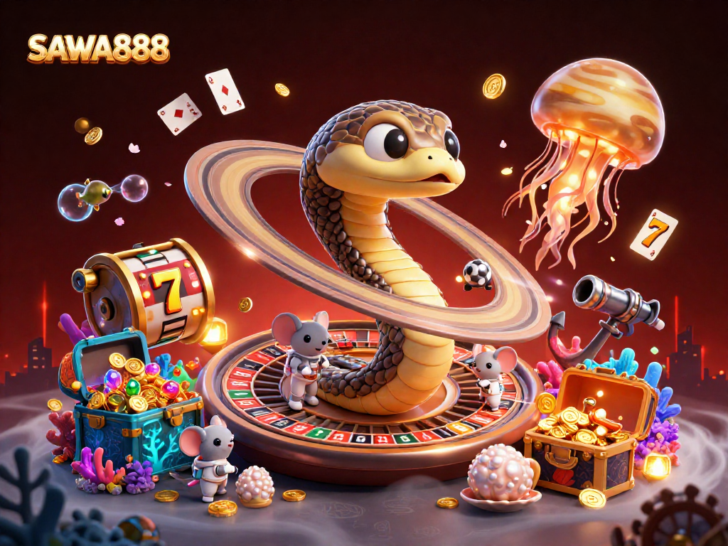 Experience the thrilling world of SAWA888 with cosmic characters and unique casino elements in an adventurous scene.