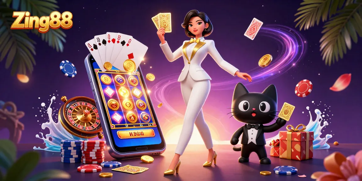 Zing88 offers a thrilling gaming experience with featured characters and vibrant casino elements.