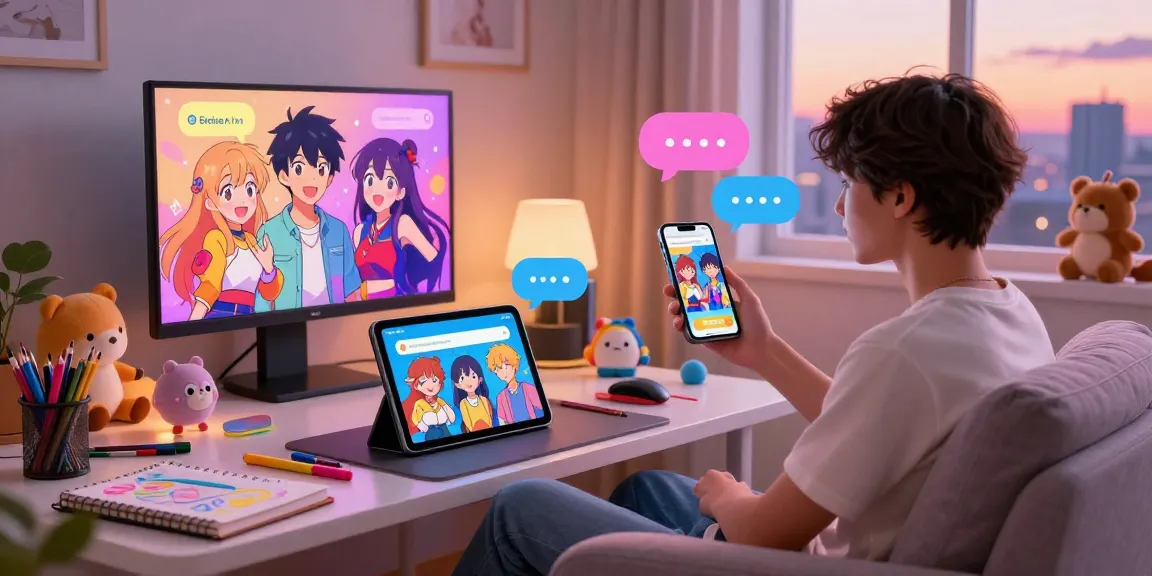 Engaging scene of users exploring free AI ecchi chat with colorful characters