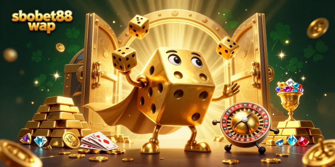 Experience sbobet88 wap action with dazzling golden dice and casino treasures in this vibrant illustration.