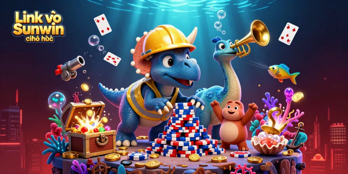 Experience excitement with Link vào Sunwin chính thức as triceratops builds poker chips amidst underwater treasures.