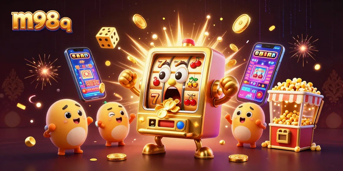 Engage with m98 q as a thrilling animated slot machine celebrates a jackpot amidst a vibrant casino scene.