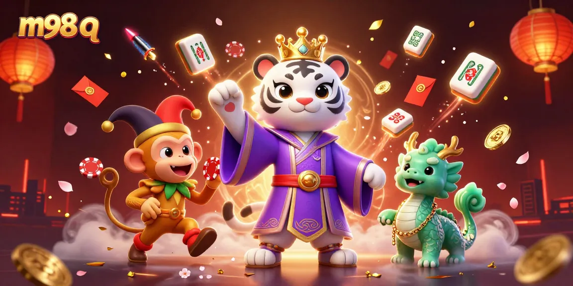 Engage with the vibrant world of m98 q—witness a playful scene with a white tiger and monkey surrounded by casino elements.