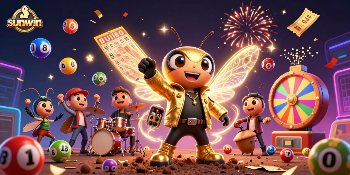 Sunwin casino game characters celebrating big wins with vibrant lottery elements, creating excitement and joy.
