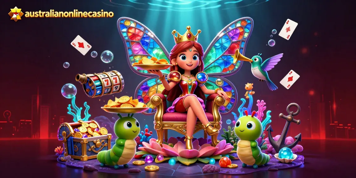 A vibrant australianonlinecasino scene with a butterfly queen, colorful slots, and sparkling gems.