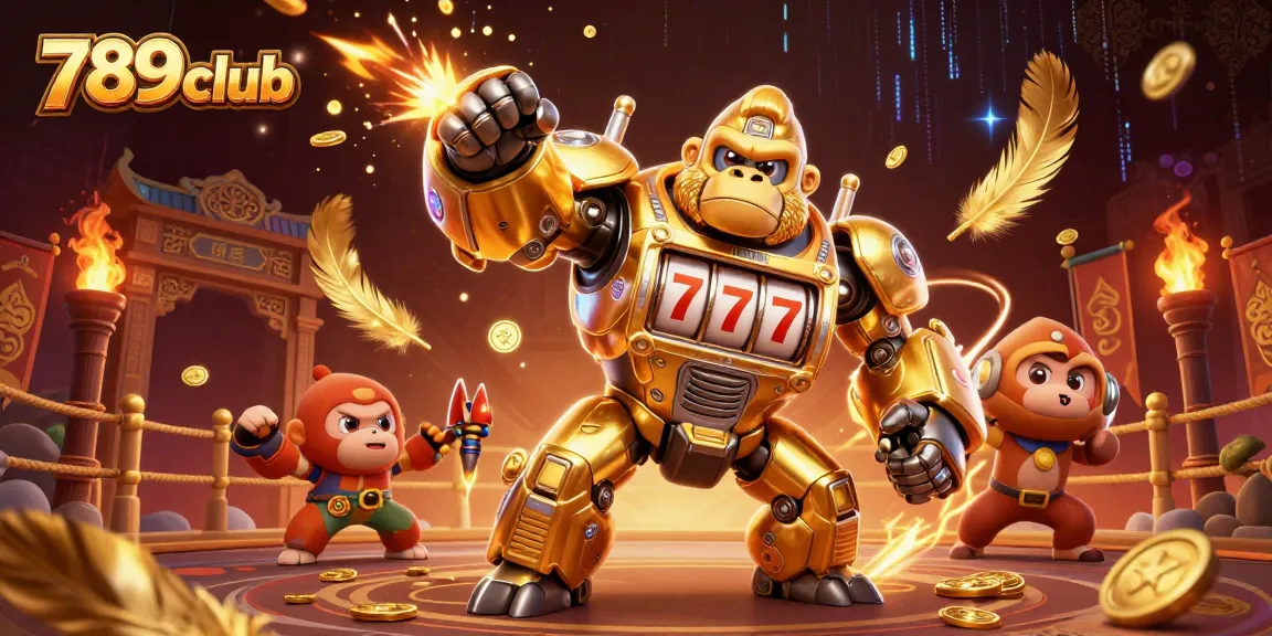 Engage with the thrilling action of 789club featuring a golden gorilla mech and dynamic gambling elements.
