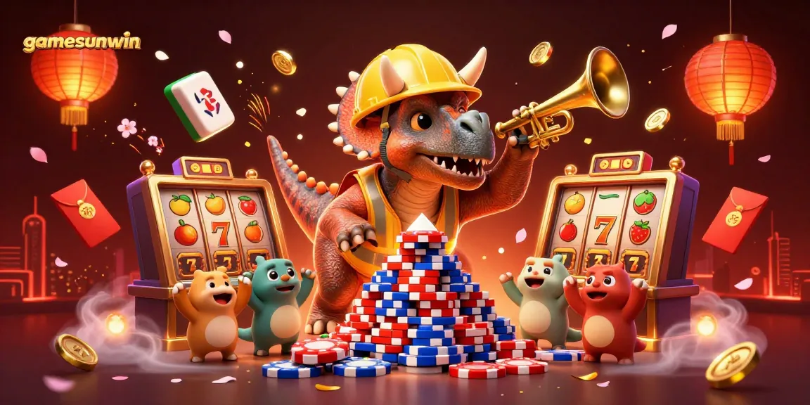 Experience the excitement of gamesunwin with our lively 3D casino scene featuring dinosaurs, poker chips, and festive decorations.
