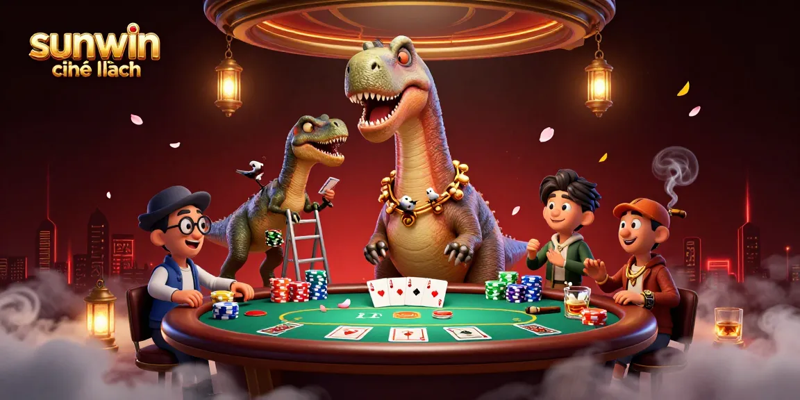 Engage with sunwin chính hãng in this vibrant casino scene of a brontosaurus observing a poker table.