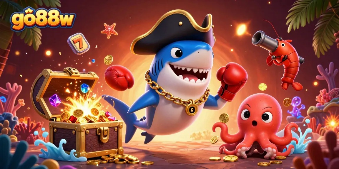 Join the excitement at go88w, where playful characters and thrilling casino games meet in a vibrant underwater scene.
