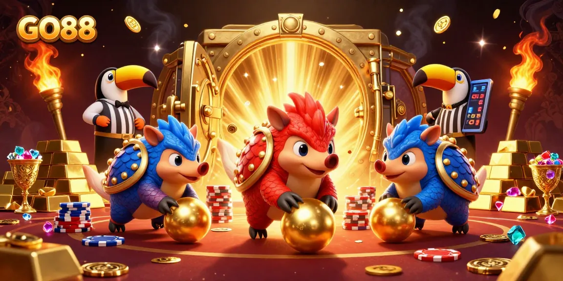 GO88 casino pangolins roll through poker chips, enhanced with gold treasures and festive effects.