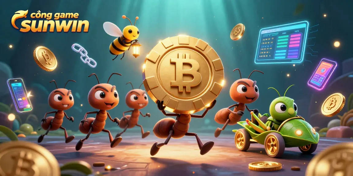 Experience the vibrant excitement of the cổng game sunwin as ants run a heist for a giant poker chip amidst glowing cryptocurrencies.
